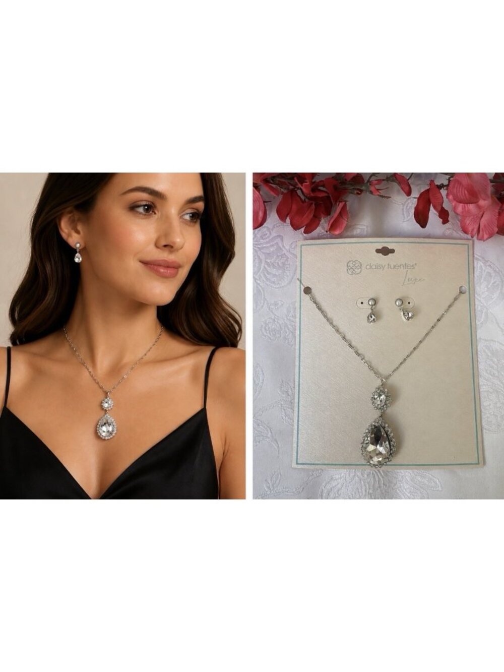 Daisy Fuentes Goldtone Choker Lariat 2 PC Bling Necklace Long Rhinestone SET NEW